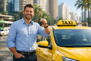 Como virar taxista: Taxista ao lado de carro taxi novo pronto para começar a trabalhar